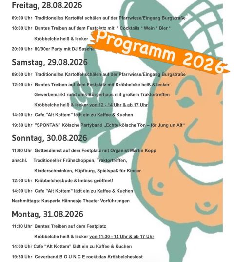 Une affiche colorée pour le festival Kröbbelches à Kottenheim, qui se déroulera du 30 août au 2 septembre 2024. Elle énumère les différentes événements et programmes pour chaque jour.